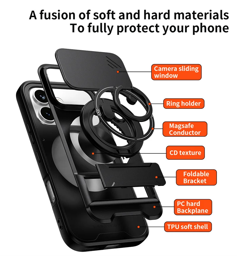 Armor Slide Camera Protection Case with Ring Kickstand and Car Magnetic Holder