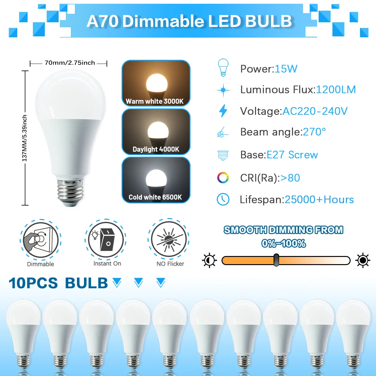 ตัวเลือกสินค้า หลอดไฟ LED ปรับแสงได้ 1-10 ชิ้น ขั้ว E27 รุ่น A70 ความสว่างสูง 15W 1200LM 3000K/4000K/6000K แสงเย็น ปราศจากการกระพริบ เหมาะสำหรับใช้ในบ้าน