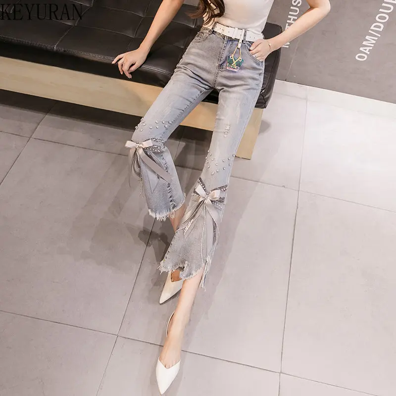 High Waist Jeans Women Ripped Cropped Jeans Women\'s 2023 Spring Summer New Irregular Beaded Bow Flared Denim Pants Ladies Jeans