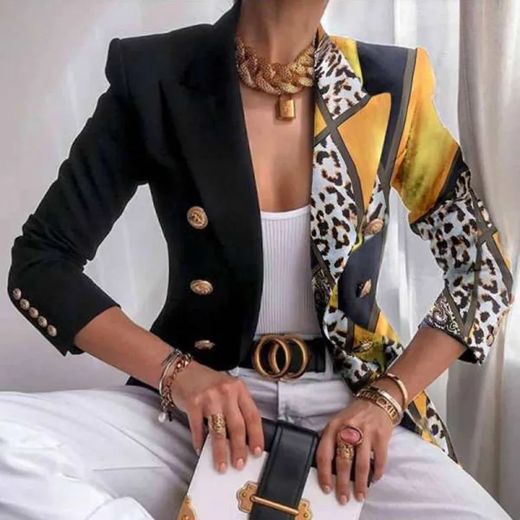 2023 New Women's Coat Autumn and Winter Printed Small Suit Fit Fashion Short Double-breasted Top Women