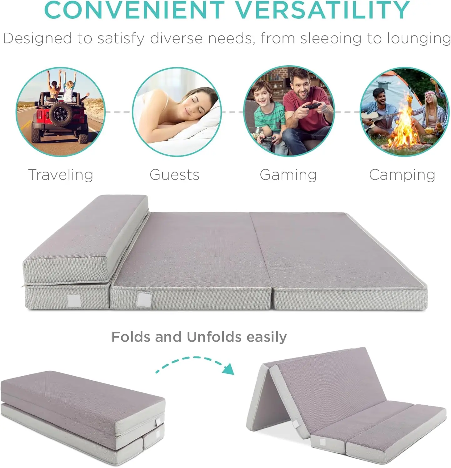 4in Portable Twin-Size Mattress, Folding Mattress Topper for Camping, Guest, Toddler, Foam Plush w/Carry Ca