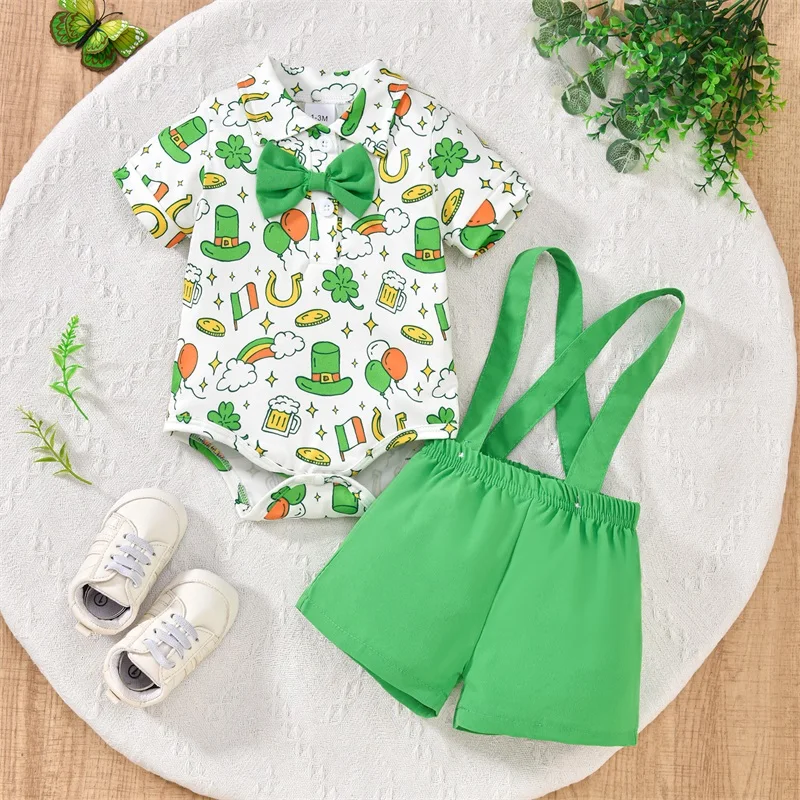 Toddler My First St.Patricks Day Baby Boy Gentleman Outfit Green Bow Tie Short Sleeve Romper Lucky Shamrock Pant Clothes Sets 3