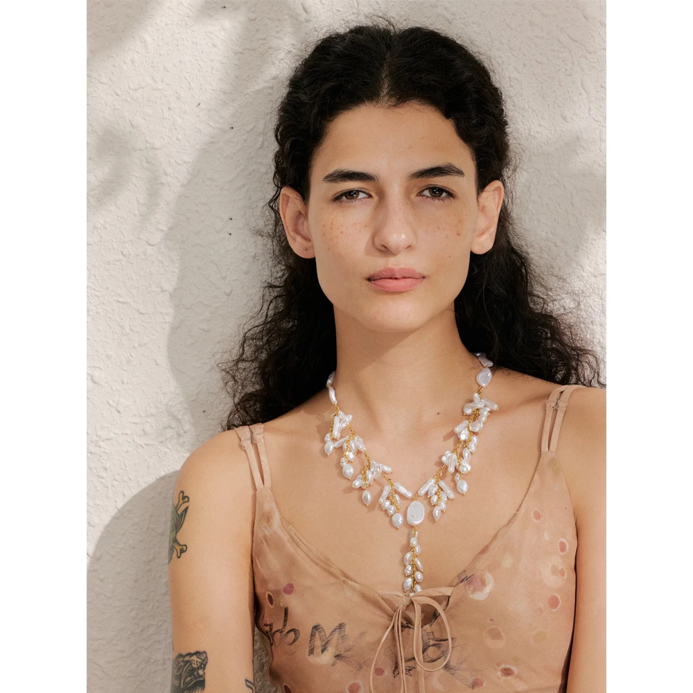 Yhpup Simulated Pearls Beads Drop Necklace Stainless Steel