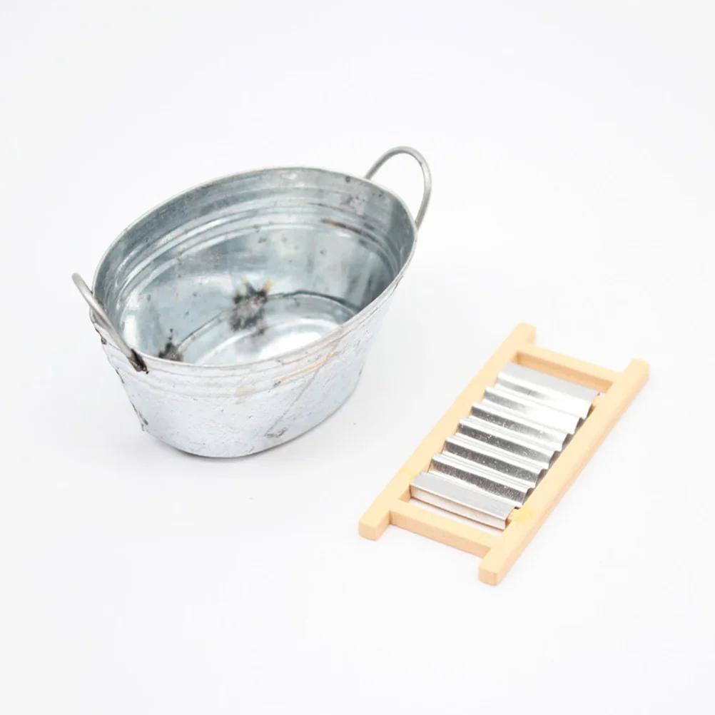Mini House Basin Wash Board Decor Dollhouse Miniature Basin Washboard Bucket Set Mini Mobili