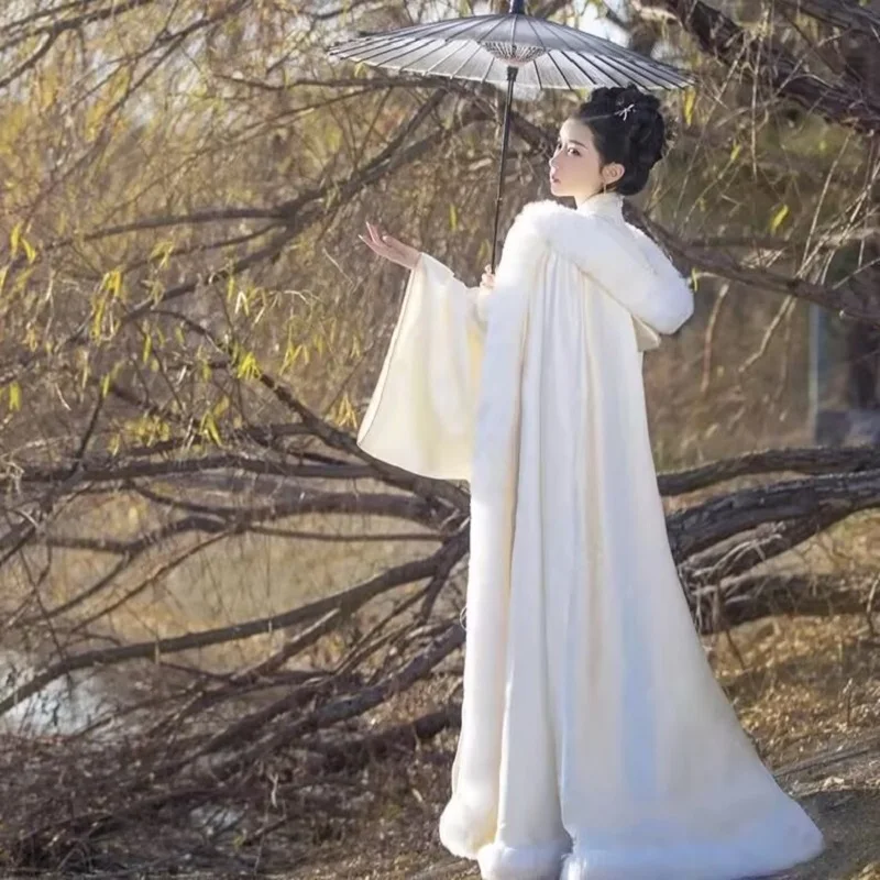 Womens Hooded White Cloak Chinese Cape for Winter