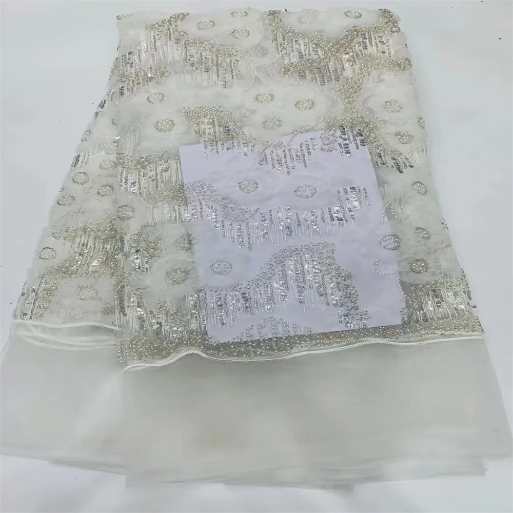 

Luxurious Nigerian Handmade Beads Lace Fabric 2023 High Quality Sequins Beaded Embroidery African French Lace Fabric For Dress