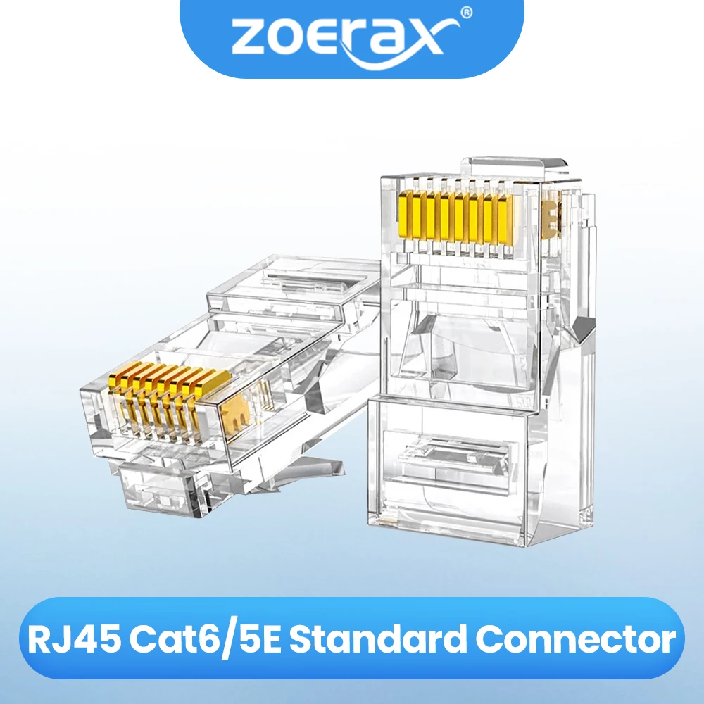 ZOERAX CAT5e CAT6 Connector RJ45 Modular Plug ตัวเชื่อมต่อเครือข่าย 50μ Gold-Plated 1.1 มม.ปลายรูสําหรับสาย Ethernet 1