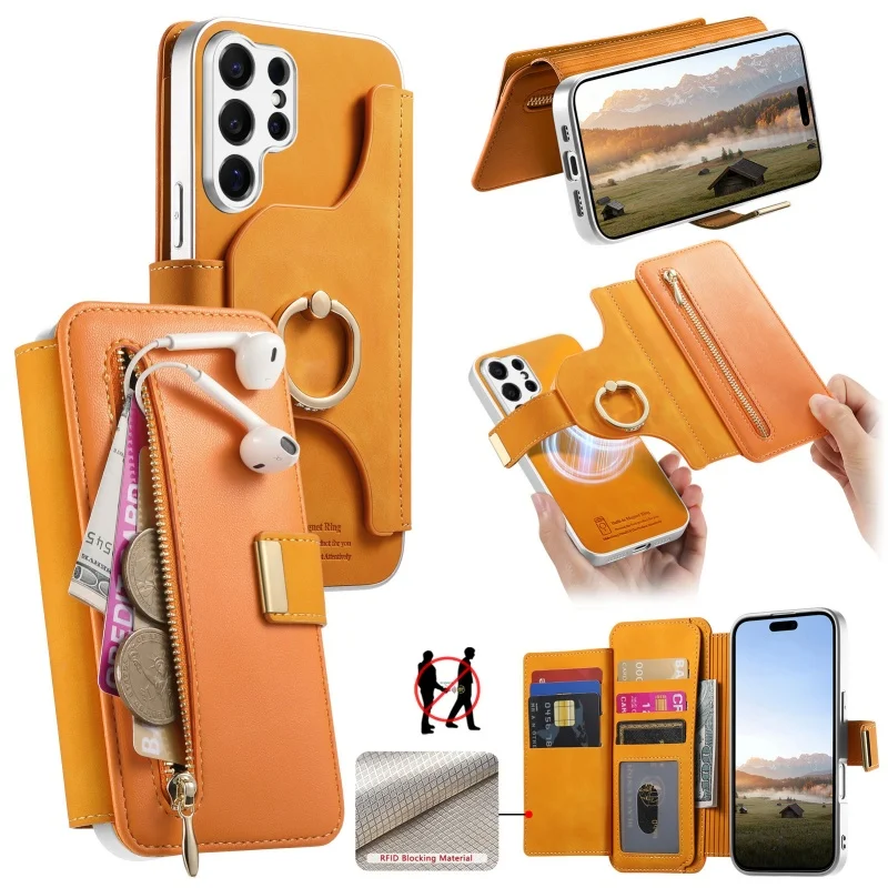Premium Magnetic Leather Wallet Phone Case with Ring Card Holder