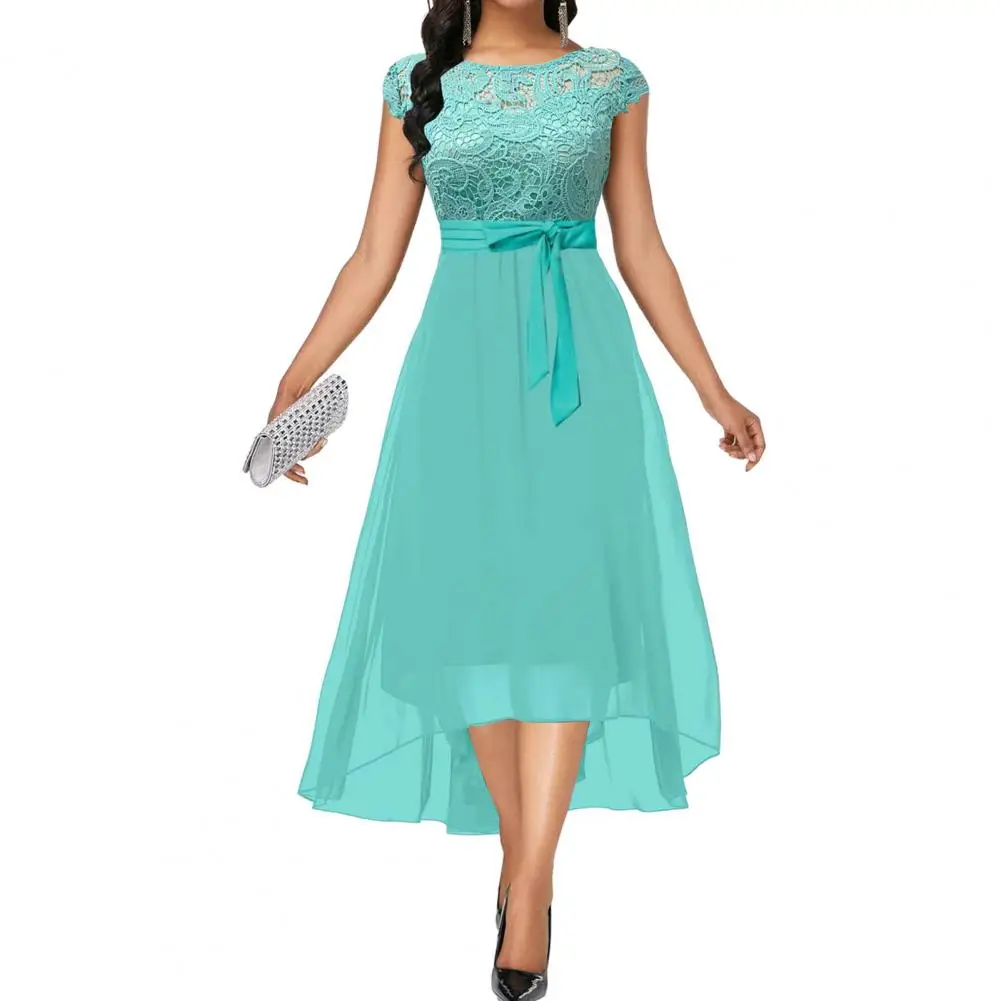 

Evening Dress Round Neck Hollow Out Lace Zipper Irregular Hem Double Layers Solid Color Short Sleeve Retro Prom Party Midi Dress
