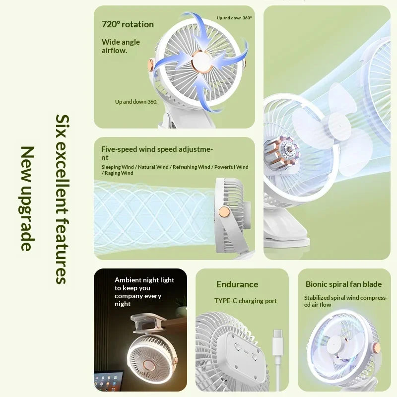 Portable Clip On With LED Light, 720° Rotation Mini USB Rechargeable Fan, 5 Speed Quiet Cool Fan For Home Office_voghion.com