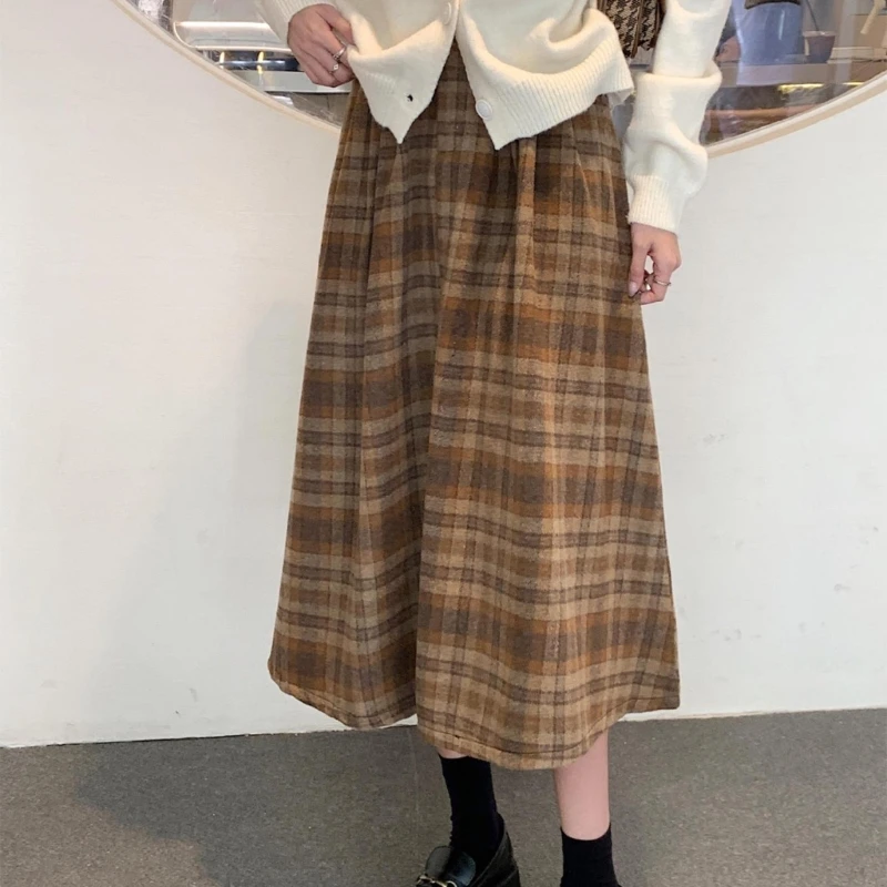 

Women Plaids Long Skirt High Waist Flared Pleated Midi Skirt Streetwear