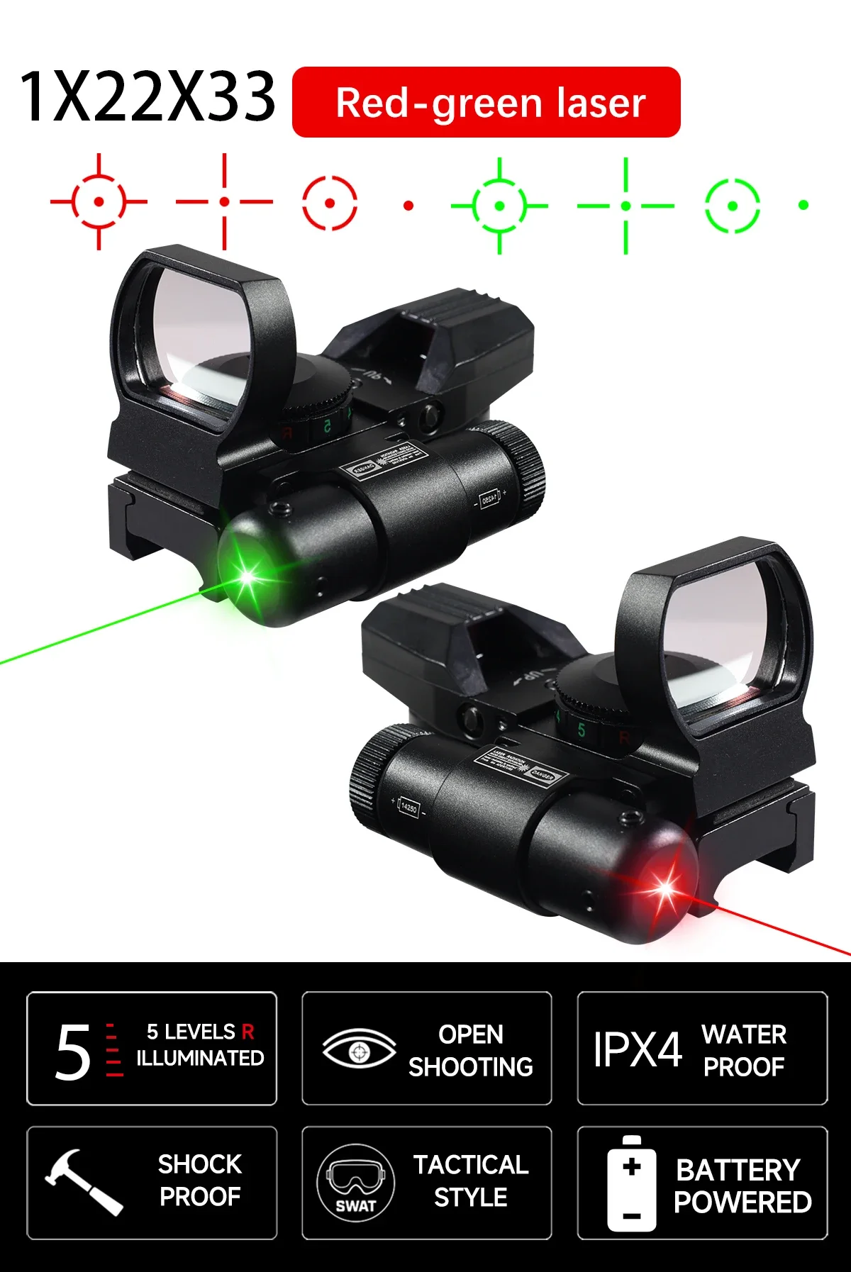 Description Picture 2 of itemRed Dot Sight with Laser Series HD103 HD101 4 Reticle Optics Sight Red Green Dot Airsoft Scopes Glock Hunting Rifle Scope