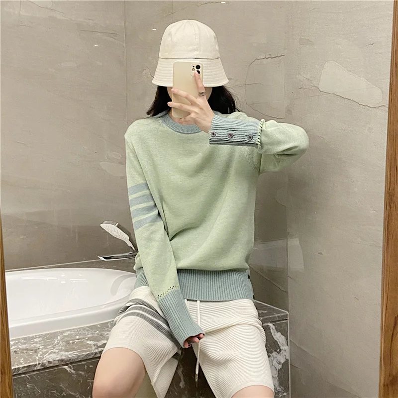 

Show White Bean Green TB Crewneck Contrast Sweater Women's College Style Loose Pullover Thin Wool Knit Underbel Top