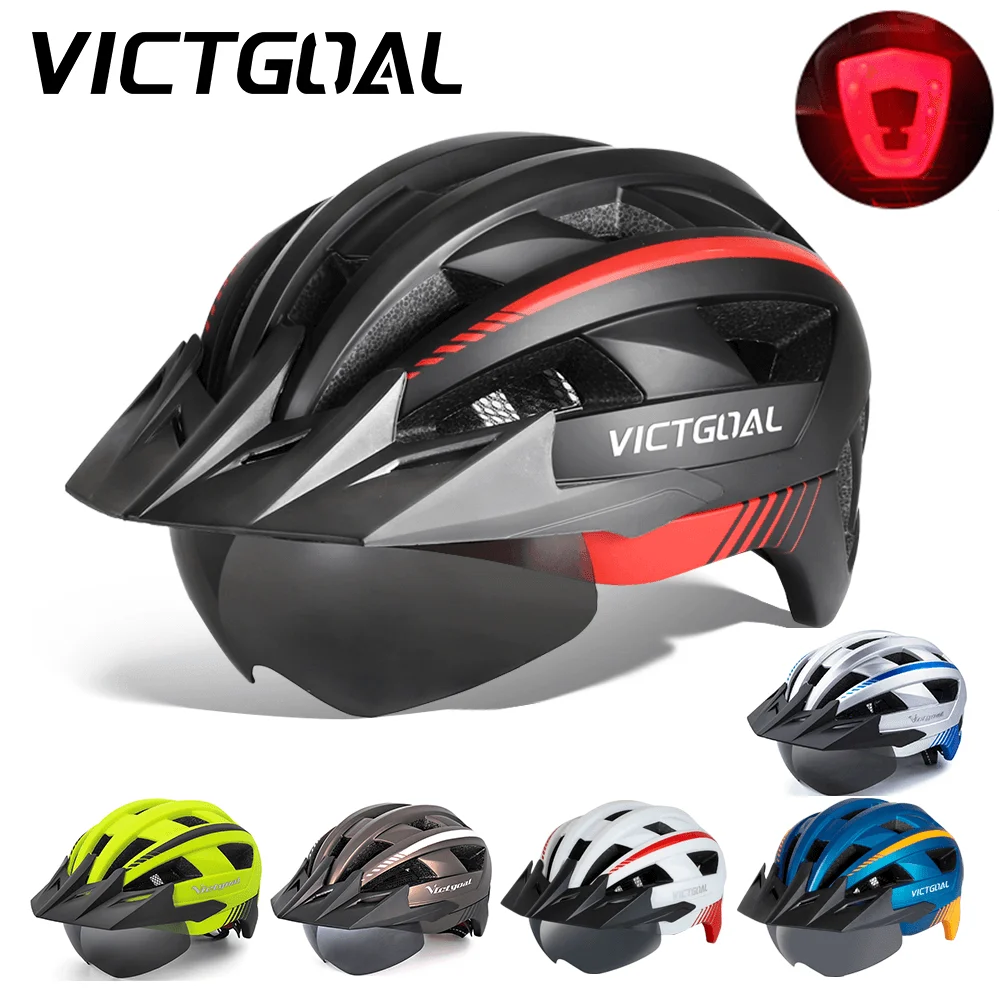 VICTGOAL Bicycle Helmet for Men Sun Visor Goggles Cycling Helmet LED USB Light Magnetic Lens MTB Road Racing Bike Helmets Safety