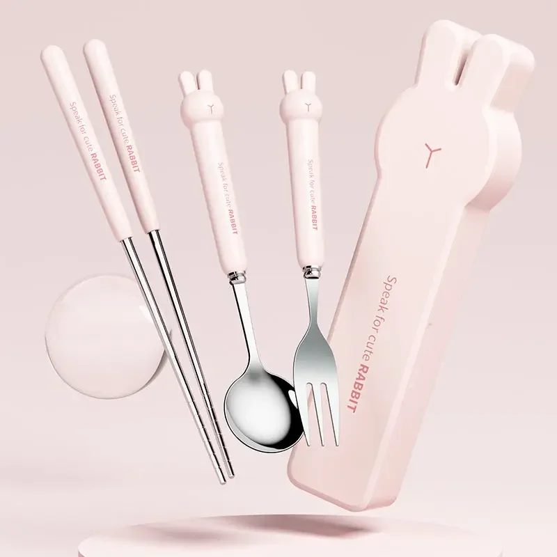 Cute Rabbit 304 Stainless Steel Tableware Spoon Fork Chopsticks Cartoon Student Children Good Gift Cutlery Set cutlery set western style cutlery set picnic cutlery set stainless steel cutlery set picnic tableware camping cutlery set
