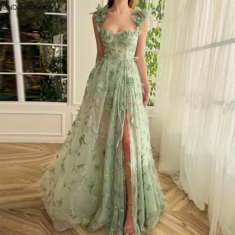 

2023 Sage Green 3D Lace Butterfiles Illusion Prom Dresses Spaghetti Straps A-Line Evening Gown High Slit robe de soirée mariage
