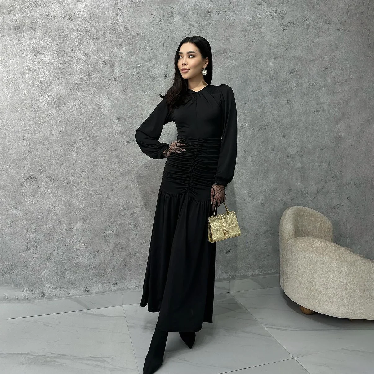 

GIOIO O-Neck Luxury Formal Evening Dresses Pleat Sheath Long Sleeves فساتين سهرة Floor Length Elegant Prom Gowns Party Women