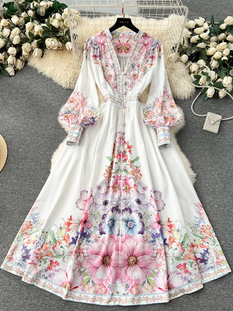 

Elegant Party Dresses For Women Front Button Up V Neck Spring Holiday Long Dress Long Sleeve Vintage Floral Print Maxi Dress
