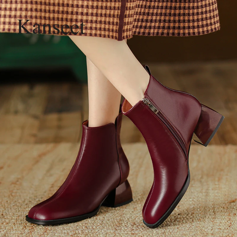 

Kanseet Women Ankle Boots Wine Red Genuine Leather 2023 Autumn Winter Shoes Square Toe Zipper Mid Heels Ladies Short Boots 33-40