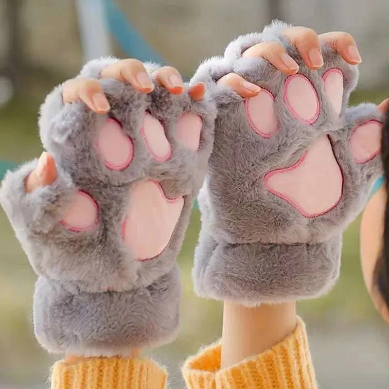 귀여운 여성 고양이 장갑, 패션 소녀 고양이 발톱 봉제 장갑, 따뜻하고 부드러운 봉제 짧은 손가락없는 반 손가락 겨울 장갑