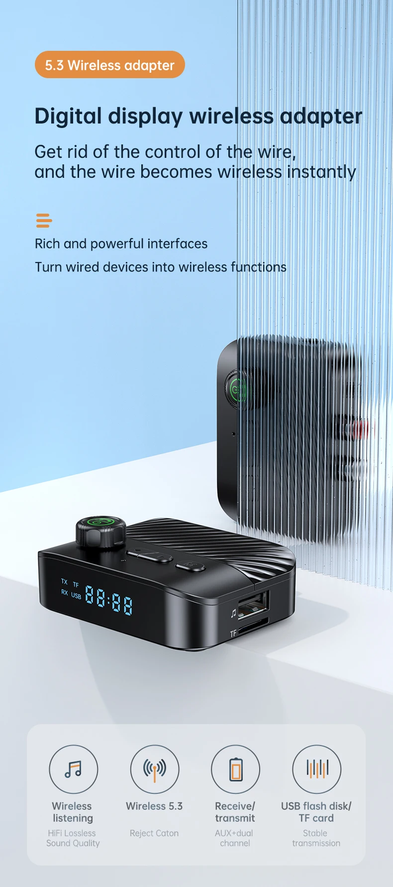 Bluetooth 5.3 Audio Receiver Transmitter Wireless Audio Adapter RCA/AUX/TF Card/