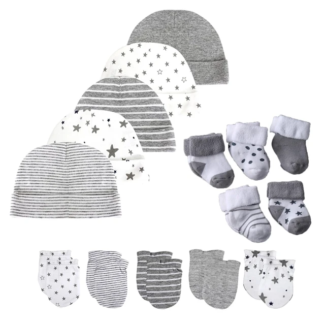 Newborn Hats+Gloves+Socks Set 12/15Pieces Solid Color Cotton Infant Headwear 0-12M Baby Boy Girl Accessories Cartoon