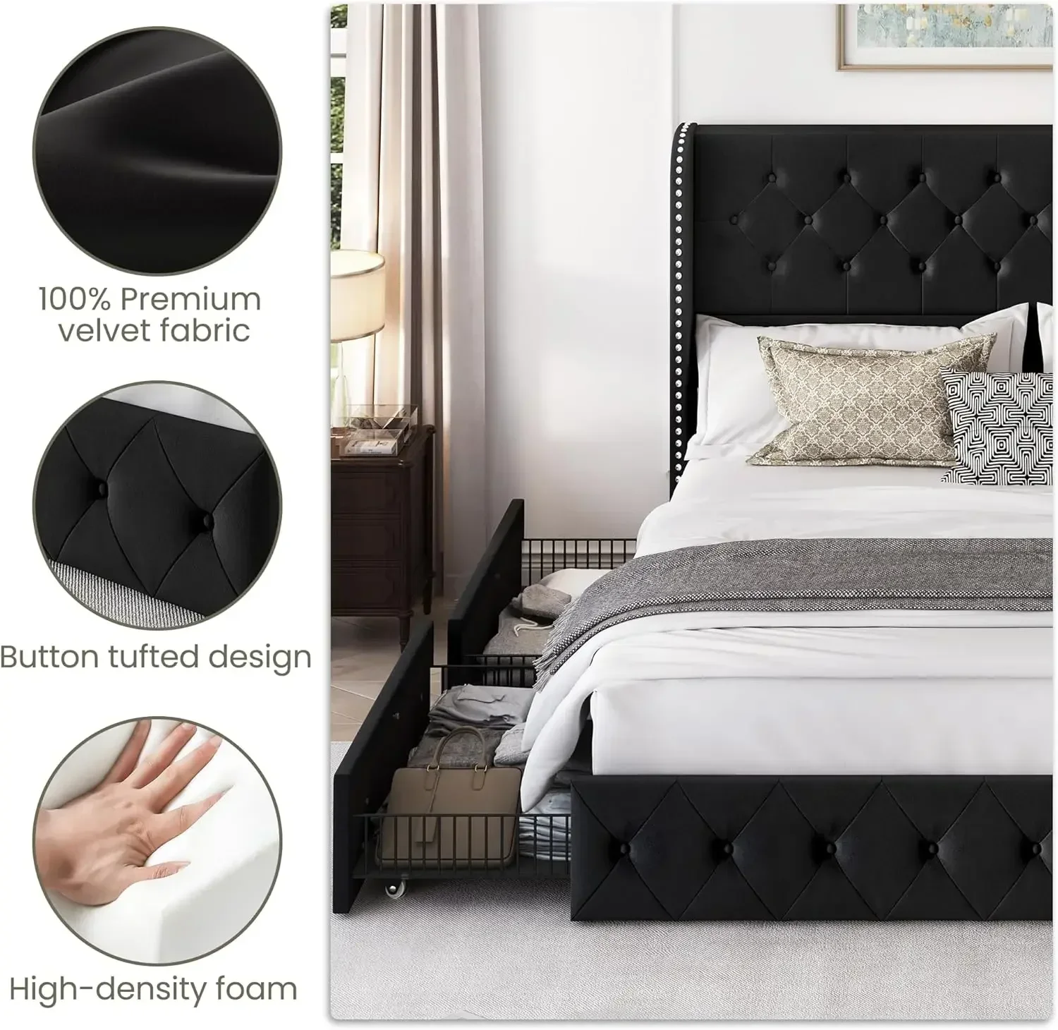 King Size Bed Frame with 4 Storage Drawers and Tufted Headboard Velvet Upholstered Wingback Beds , Black