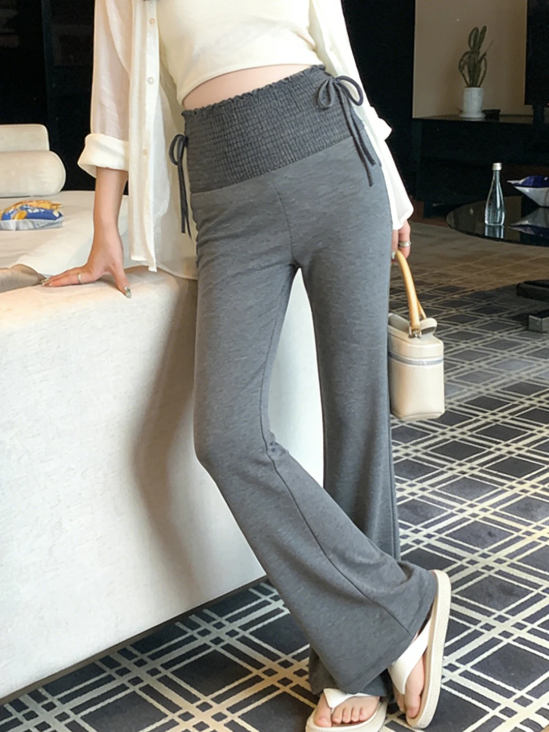 임산부 와이드 레그 팬츠 얇은 여름 아우터웨어 마이크로 플레어 나인 포인트 나..