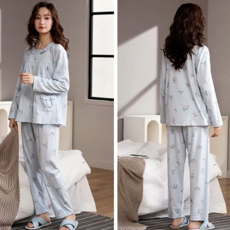 Pajama Women's Spring Autumn Long Sleeved Sleepwear Pure Cotton Sweet Elderly Loungewear Cardigan Loose Oversized Homewear Set