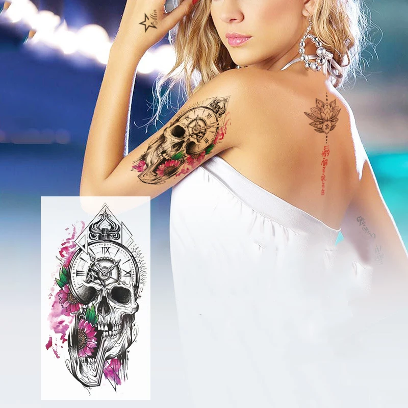 Waterproof Temporary Tattoo Sticker Wolf Bird Flower Skull Animal Tattoo Dino Body Art Fake Arm Sleeve Tattoos For Women Men