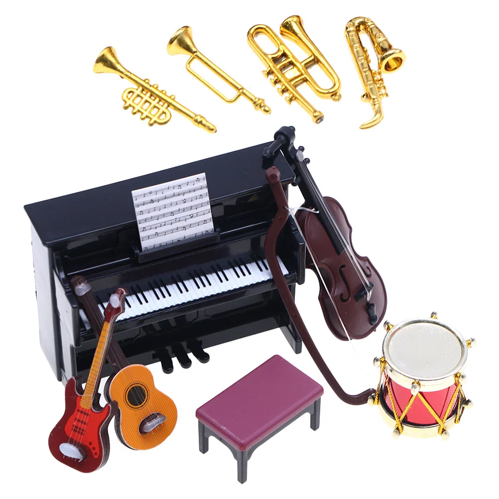 

Miniature Musical Instrument Set 1:12 Scale Mini Piano Violin Trumpet Drum Guitar Bass Models Accessories Decoration Doll