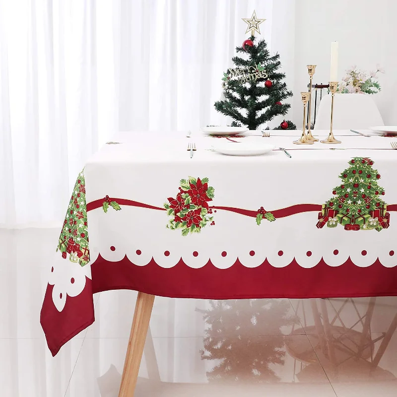 Christmas Floral Printed Tablecloths Stain Resistant Rectangular Festive Tablecloths Home Kitchen Dining Room Decor Party Gifts