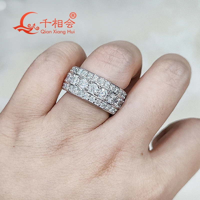 10mm width round Moissanite Ring three rows 2/3 Band 925 Silver hip hop Men women Diamonds Male Jewelry