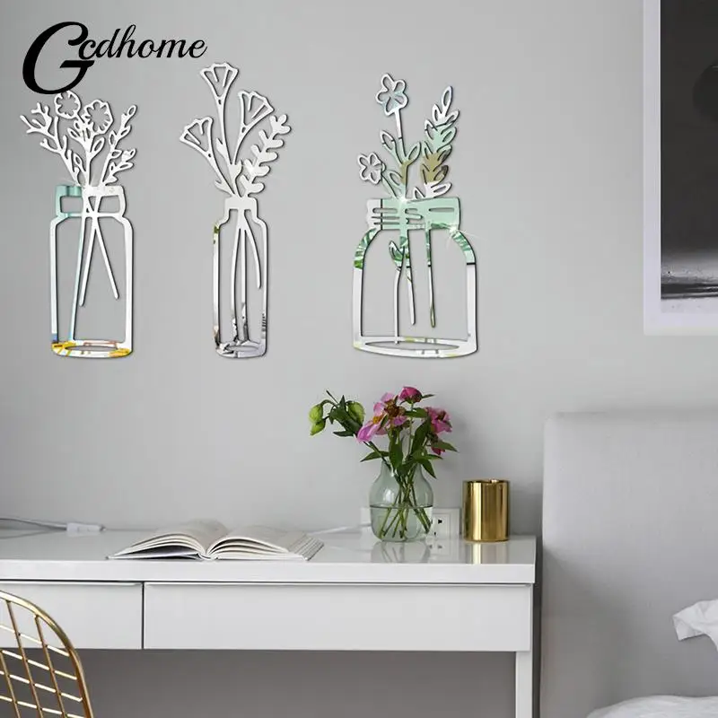 Vase Flowers Heart Butterfly Mirror Wall Sticker 3d Art Wall Decal Removable Mirror Stickers For Home Decoration Home Decoration