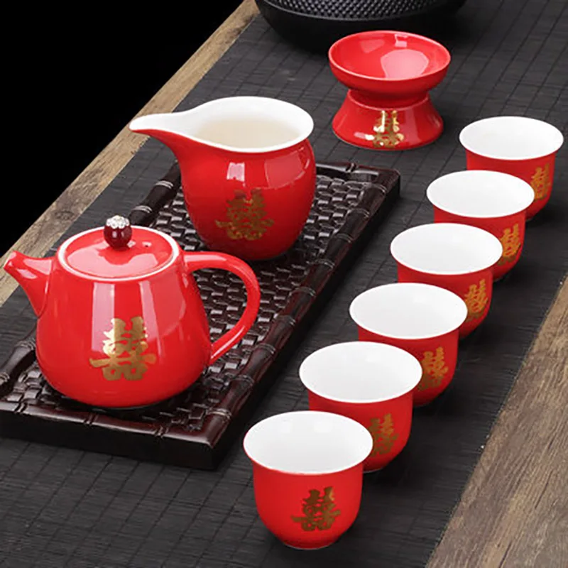 

10 pcs/set Ceramic Red Wedding Tea Set Gift Porcelain Chinese Teaware Household Teapot Bride Gift Dowry Marriage Celebration