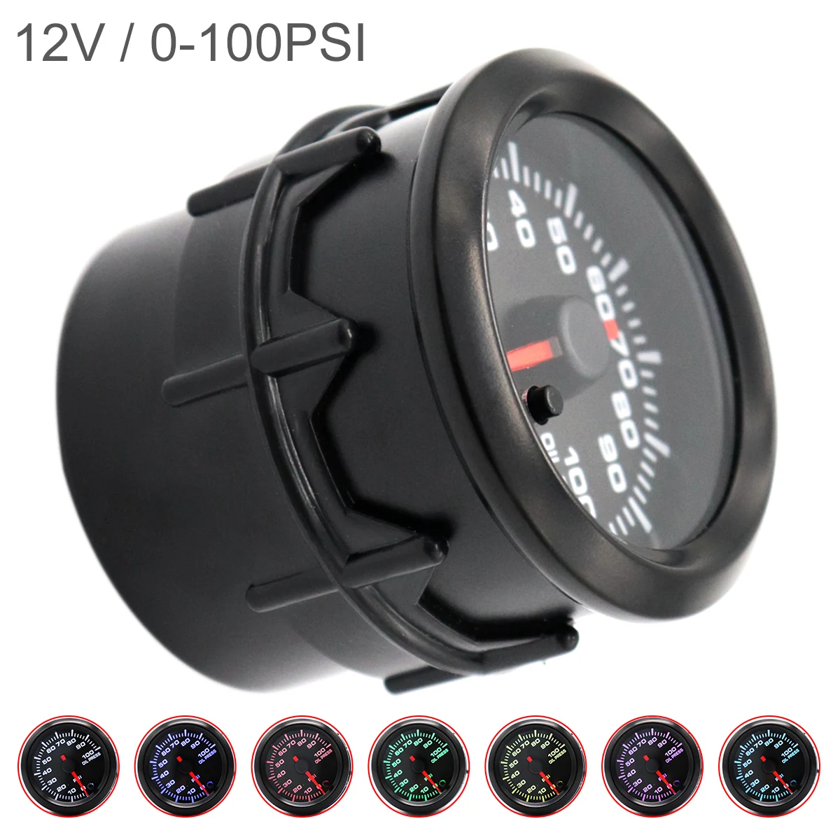 

2 Inch 52mm12V 0-100 PSI Universal Car Oil Pressure Gauge with Electronic Sensor Black Shell and Seven Color Backlight for Cars