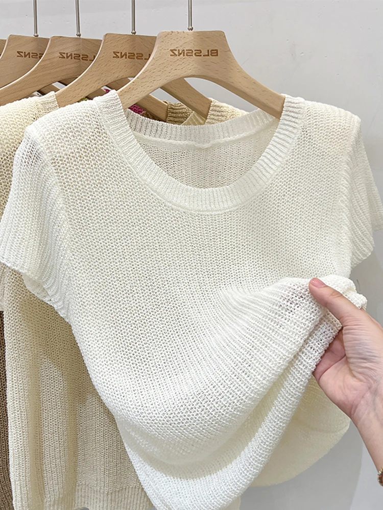 중공 얼음 실크 어깨 짧은 소매 티셔츠 여성 여름 얇은 느슨한 맞는 슬리밍 화이트 바디 슈트 니트 탑 트렌디 