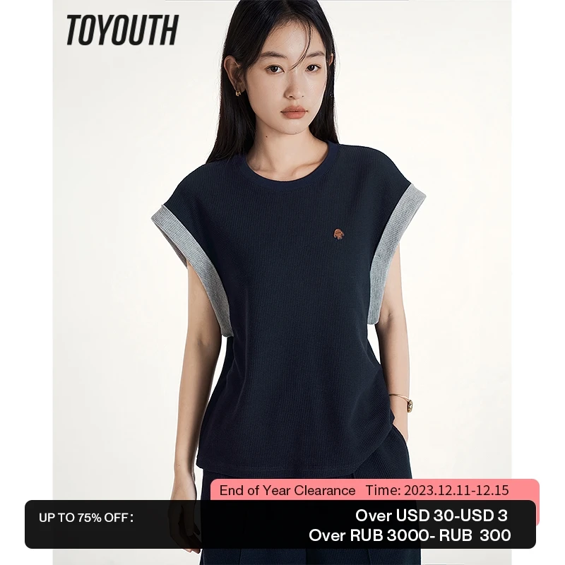 

Toyouth Women Vest 2023 Summer Sleeveless Round Neck Loose T-shirt Waffle Fabric Contrast Color Casual Chic Navy Tops