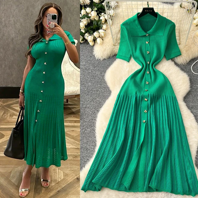 YuooMuoo Chic Fashion Elegant Patchwork Knitted Maxi Dress 2025 Summer Lady Turn-down Collar Shirt Sweater Dress Party Vestidos