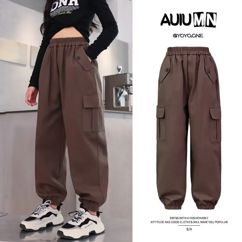 Spring & Autumn Girls Cargo Pants Children's Sweatpants Fashion  Kids Clothes Casual Pants Korean Pockets Streetwear Cargo Pants
