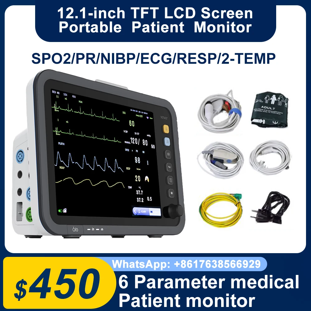 RESOXY 의료용 12.1 인치 스크린, 휴대용 6 파라미터 모니터, ECG, NIBP, PR, SPO2, RESP, TEMP 환자 모니터, 바이탈 사인 모니터