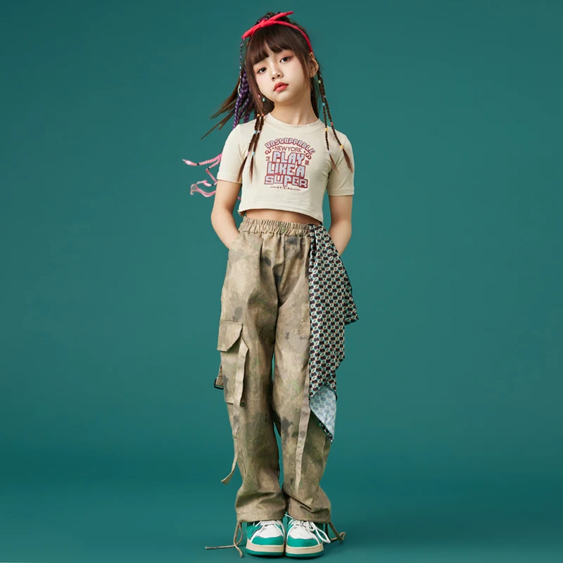 

Детская одежда в стиле хип-хоп, укороченная футболка, Топы, повседневные камуфляжные брюки-карго для девочек, костюм для джаза и поп-танцев, уличная одежда для подростков