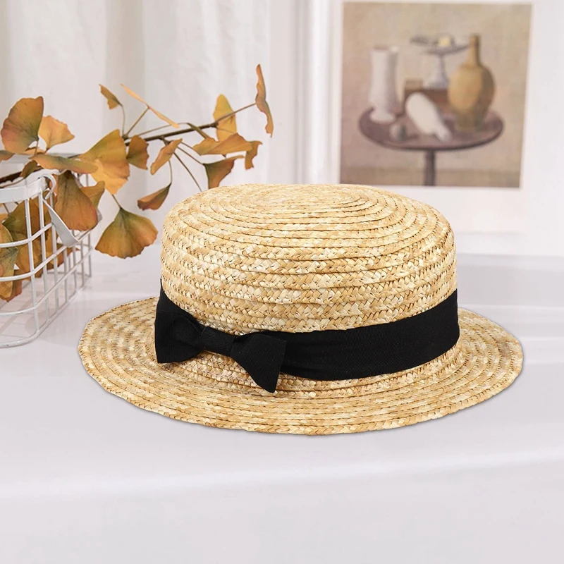Cute Child Girls Straw Hat Bowknot Sun Hat Kids Large Brim Beach Summer Boater Beach Ribbon Round Flat Top Fedora