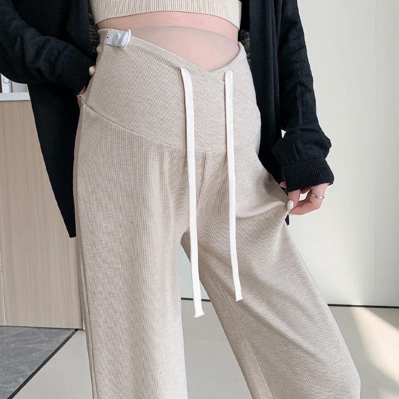 Attraverso i pantaloni premaman a vita bassa a V primavera estate moda durante la gravidanza pantaloni per le donne incinte Casual gamba larga dritta