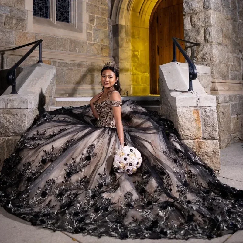 

ANGELSBRIDEP черные готические платья Quinceanera Meninas De 15-летние аппликации 3D Цветочные кружевные бальные платья для дебютанта на заказ
