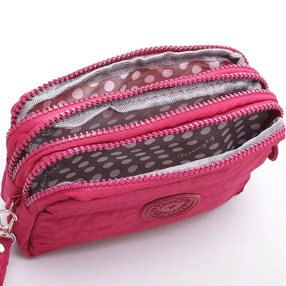 Solid Color Coin Purse Women Small Wallet Wrinkle Fabric Phone Purse Three Zippers Portable Make Up Bag