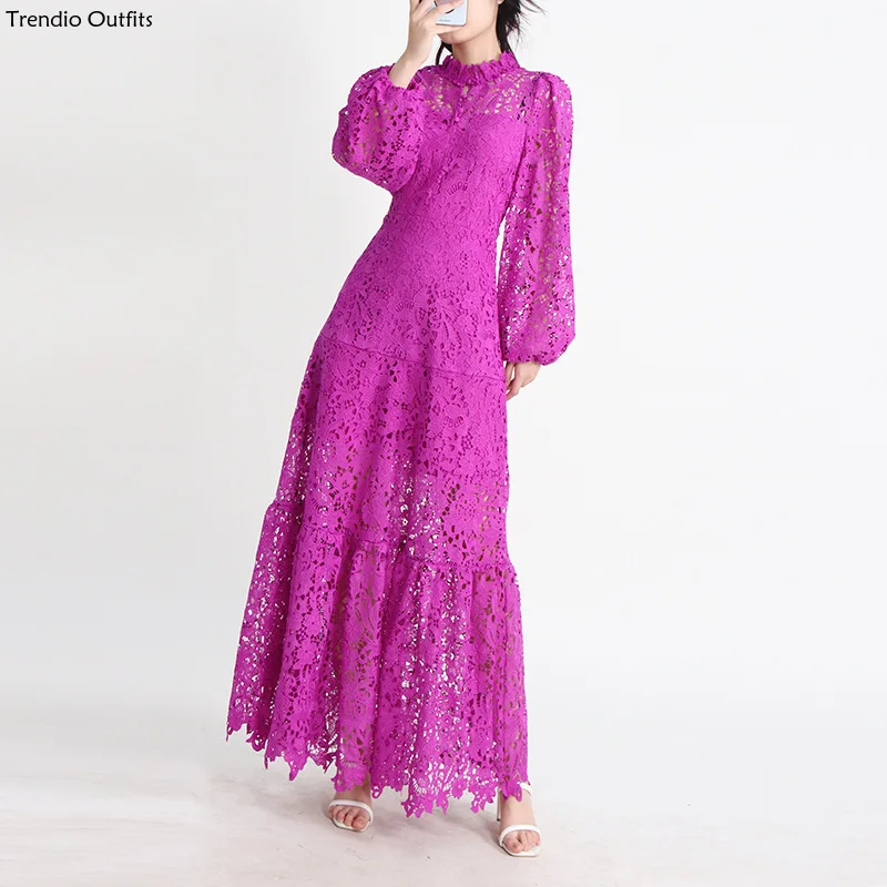 

Trendio 2024 Spring New Elegant Ruffle Edge Standing Neck Long Sleeve Dress Waist Embroidered Hollow Solid Color Elegant Dress