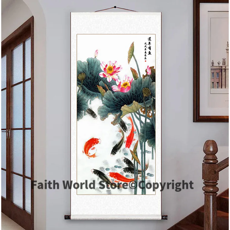 

TOP business gift Home office Vestibule WALL Decorative art 9 fishes Money Drawing GOOD Luck Mascot FENG SHUI ART painting