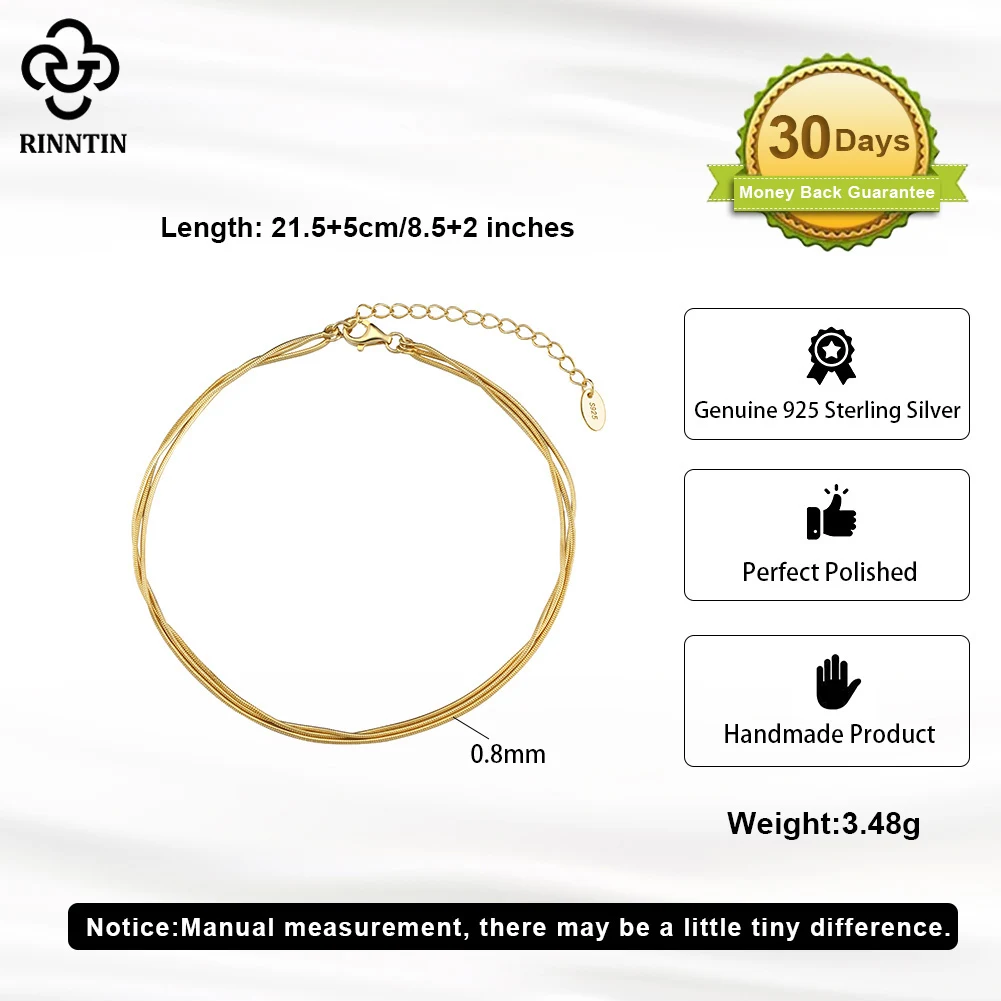 Rinntin Genuine 925 Sterling Silver Layers Round Snake Chain Anklet Women Summer Punk Silver Ankle Jewelry SA76 anklet bracelets silver anklets ankle chain