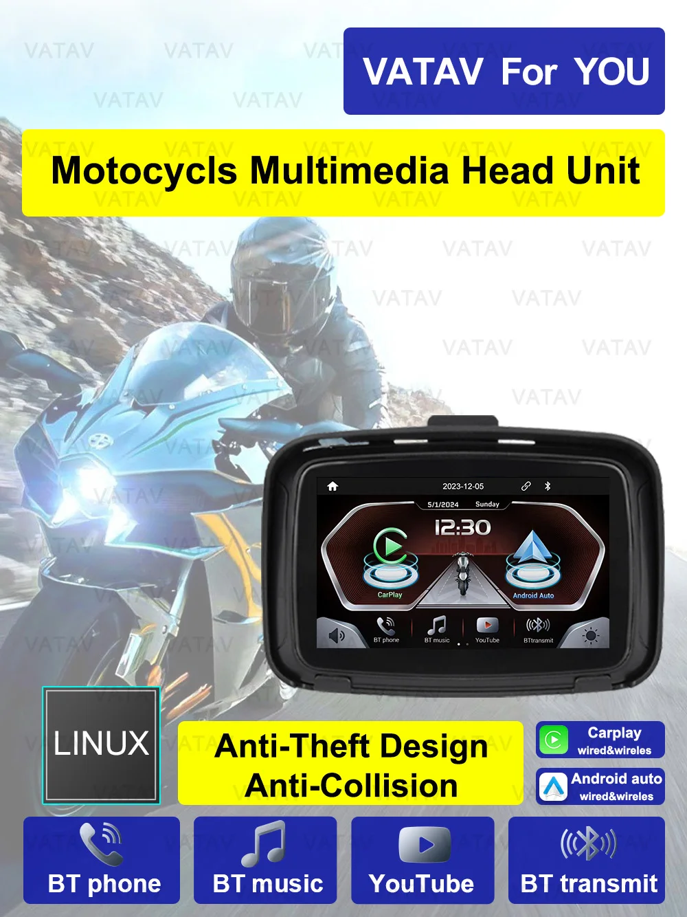 5 Inch Touch Outdoor Ipx7 Waterproof Sunsceen External Portable Motorcycle Special Navigator Support CarPlay Android Auto C5 Pro